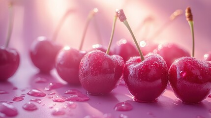 Fresh, juicy cherries glistening with water droplets