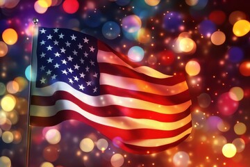 American flag waving dynamically with bright bokeh background lights capturing patriotic and celebratory national pride