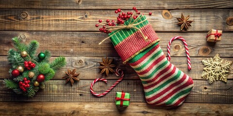 A Festive Christmas Stocking Filled with Winter Berries, Surrounded by Candy Canes, Ornaments, and Gifts on a Rustic Wooden Background