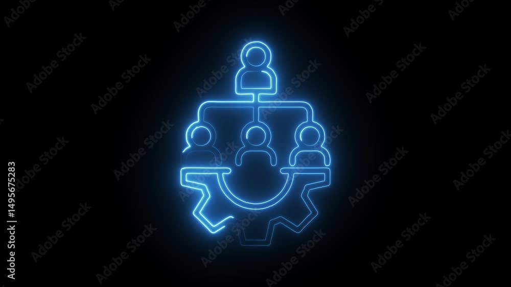 Poster glowing neon hierarchy structure with people and gear rotating for business technology