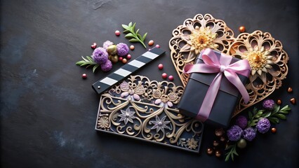 A gift wrapped in dark paper with a light pink ribbon, rests near a film slate and decorative hearts on a dark surface, accented with small flowers and candies.