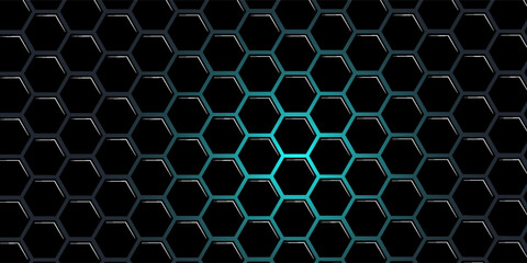 Dark gray and blue technology hexagonal vector background. Abstract blue bright energy flashes under hexagon in dark hi-tech futuristic modern vector background. Gray gaming honeycomb texture grid.