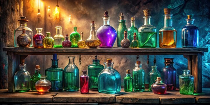 A mystical collection of antique apothecary bottles filled with vibrant, colorful liquids sits on a rustic wooden shelf, bathed in the warm glow of ambient lighting.