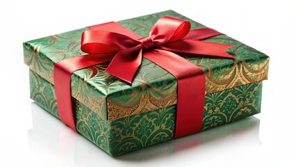 A luxuriously wrapped present, adorned with a vibrant red ribbon and a sophisticated green and gold patterned design, exudes elegance and festive cheer.