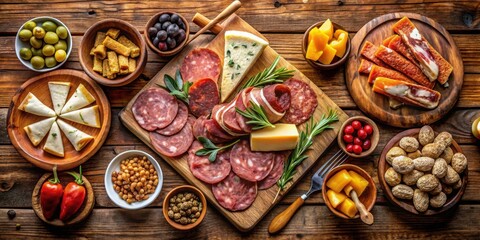 A Rustic Wooden Board Presents an Array of Savory Delights, Including Slices of Salami, Cubes of Cheese, and an Assortment of Other Appetising Snacks.