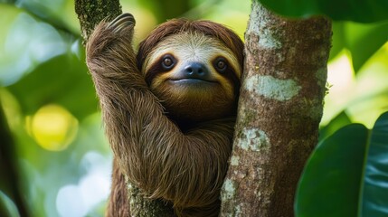 Fototapeta premium Close-up of a cute sloth hanging in the tropical rainforest tree branches