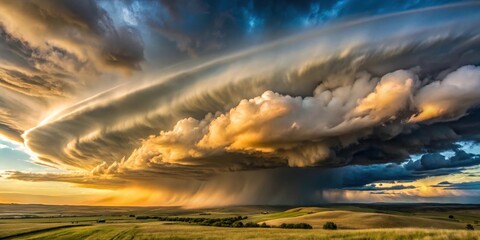 Dramatic Sunset Sky with Immense Rolling Clouds and Rain Shower Over Serene Landscape