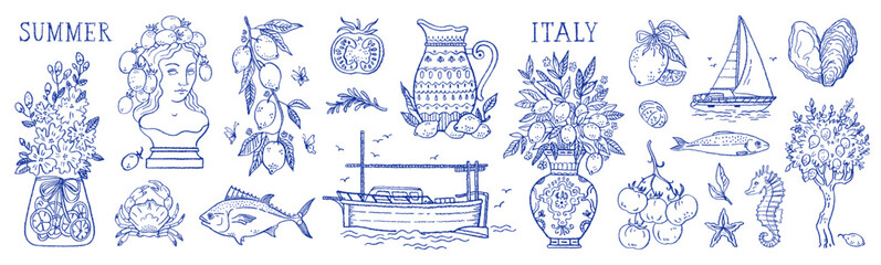 Fototapeta na wymiar Summer Italian lemon. Doodle Italy hand drawn beach watercolor. Mediterranean Amalfi vacation. Sea icon, sketch vector vintage illustration. Italian food wine lemon summer style. Coast Italy sea beach