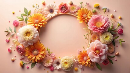 Pastel Blossom Wreath Encircling a Blank Space for Your Message A Delicate Arrangement of Gerberas, Ranunculus, and Other Springtime Blooms on a Soft Peach Background