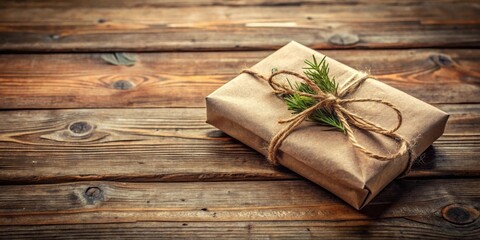 Rustic Gift Wrapped in Brown Paper with Twine and Evergreen Sprig on Weathered Wooden Surface