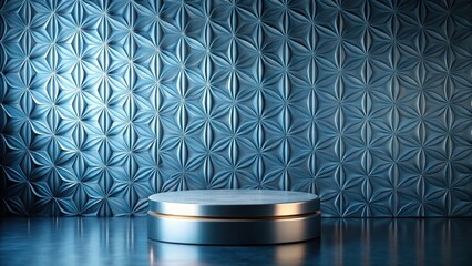 Sleek metallic platform against a textured blue wall backdrop, ideal for product display or presentation showcasing elegance and modern design