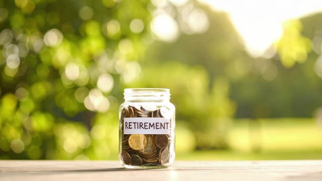 Saving coins in jar for retirement shows smart stock planning and money saving for secure finance and future peace