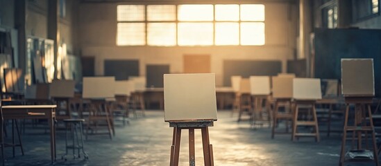 Empty art studio with easels and blank canvases ready for painting, bathed in sunlight.