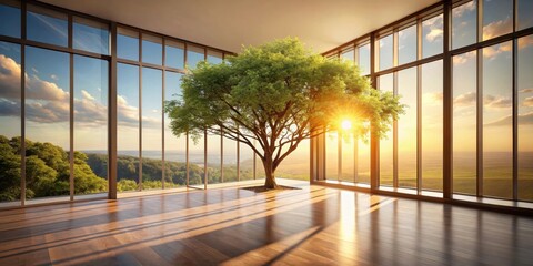 Serene indoor sanctuary with a majestic tree, bathed in the golden hues of a sunset, viewed through expansive windows showcasing a breathtaking panoramic landscape