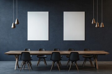 Dark room with a long table and two blank posters