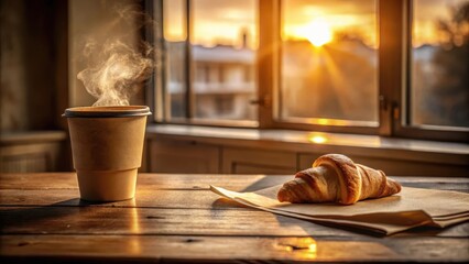 Warm morning sunrise illuminates a rustic wooden table setting featuring a steaming cup of coffee and a freshly baked croissant.