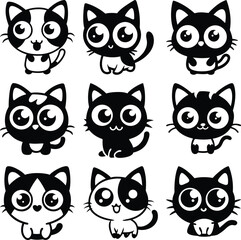 Nine cartoon cats with exaggerated eyes and playful postures showcase delightful feline expression