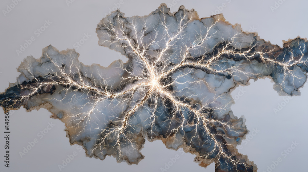 Poster scientific art depiction of neuron interaction, electric sparks at synapses linking dendrites in a s