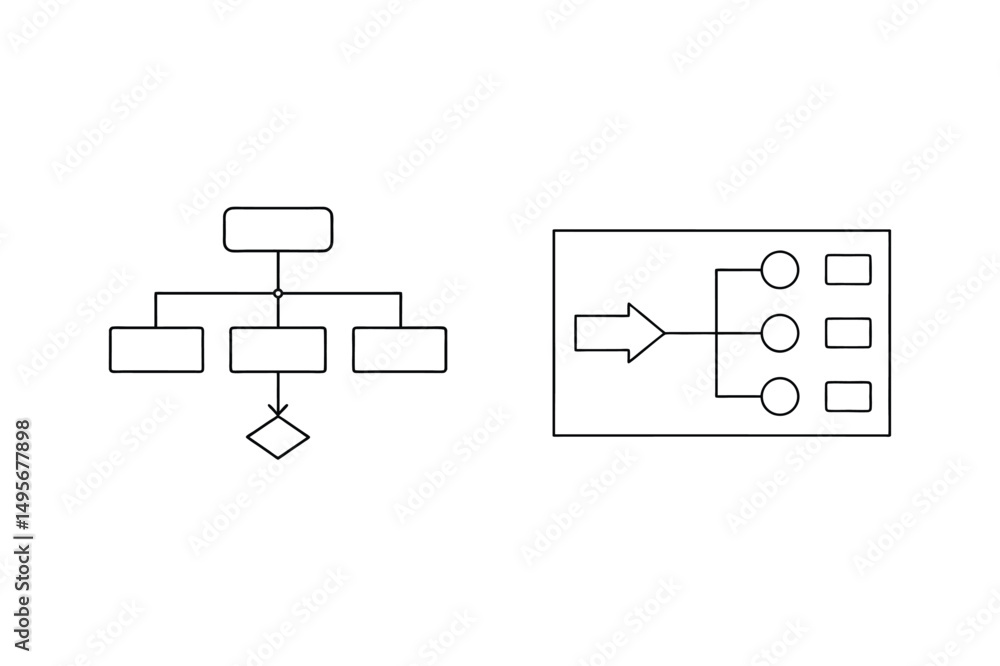 Poster simple black and white diagrams illustrating processes and workflow steps with various shapes