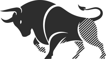 Icon of a bull with its head lowered and ready to attack, bull icon in a unique style, black silhouette.