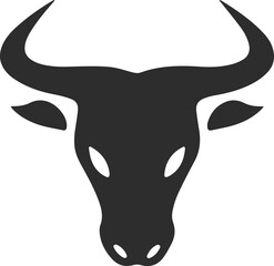 Silhouette of a bull's head with oval eyes and nostrils, icon of a bull's head with ears in black.