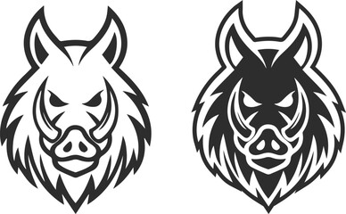 Two wild boar logos with voluminous fur and an aggressive look, icons in two versions, line and silhouette in black.