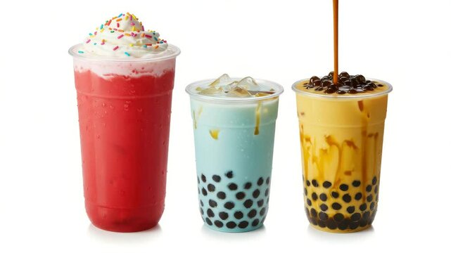 Three colorful bubble tea drinks with fun toppings make a refreshing treat