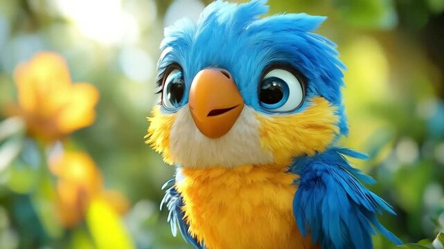 Funny blue and yellow cartoon parrot
