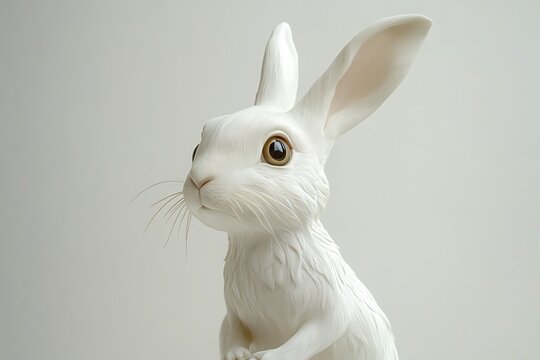 Close up of a white rabbit with long ears and brown eyes on a white background looking to the left - Powered by Adobe