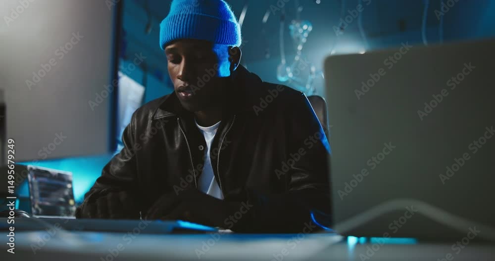 Poster Stress, hacking and black man with mistake, computer and risk for crisis, online detection and failure. Headache, programmer and worried hacker with anxiety for ransomware, error and spying in office