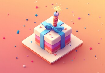 Festive square cake, gift-wrapped, with candle and sprinkles.