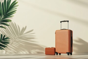 Tan luggage set against a beige wall with palm leaf shadow.