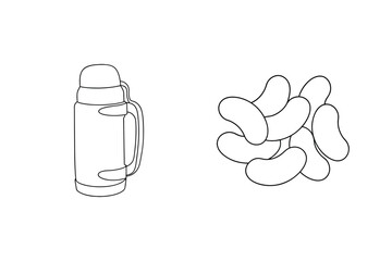 Simple black and white outline illustration of a thermos and a pile of beans