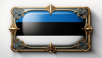 Rechteckiger Button mit der Flagge von Estland, wei&szlig;er Hintergrund und goldverziertem Rand