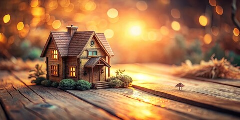 Warm Evening Glow Illuminates Charming Miniature Wooden House on Rustic Wooden Tabletop