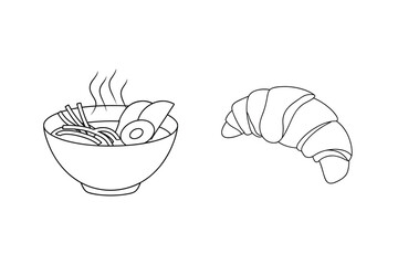Vector illustration of delicious ramen noodles in a bowl with a croissant for breakfast