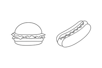 Vector illustration of a hamburger and hot dog fast food outline isolated on white