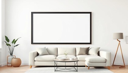 Empty picture frame mockup on white wall, minimalist Scandinavian living room with sofa,  home,   modern interior