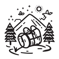 Fototapeta premium A whimsical black and white illustration of a bundled backpack resting in a mountain landscape.