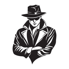 A man in a fedora and coat, arms crossed, illustrated in a black and white style.