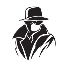 A mysterious figure in a fedora and coat, illustrated in a stylized black and white design.