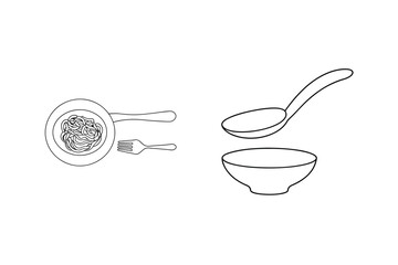 Simple line drawing illustration of a bowl spoon fork and pasta on white background