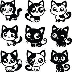 Obraz premium Nine cute cartoon kittens are sitting and looking forward in a format
