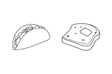 Black and white line art illustration of a taco and toast with butter isolated