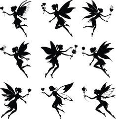 Nine different fairy silhouettes gracefully flying, each one carrying a heartshaped wand or flower