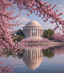Pink cherry blossoms frame Jefferson Memorial, pink, tidal basin