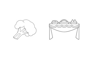 Black and white vector illustration of broccoli and a table with various food items