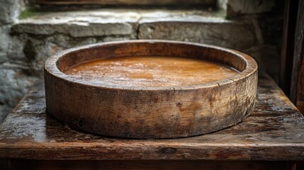 Fototapeta premium Antique rustic wooden bowl on dark wood surface.