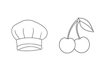 Simple line art illustration of chef hat and fresh cherries isolated on white background