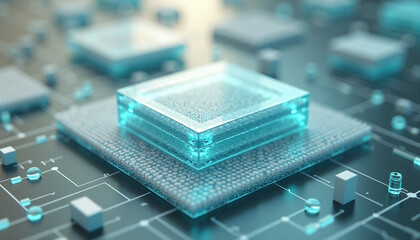A detailed processor module sits on a circuit board, casting a cool aqua glow over electronic pathways.